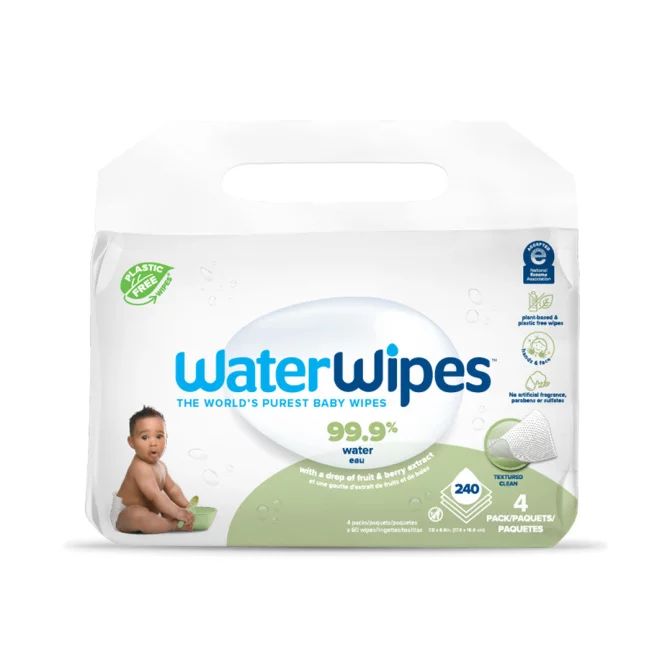 Set 4 pachete servetele umede, Water Wipes, Pentru bebe, Biodegradabile, Apa, extract de fructe si extract arbore de sapun, 60 de bucati/pachet, Pentru ingrijire 100% naturala, Fara alcool, plastic si parfum, 240 bucati