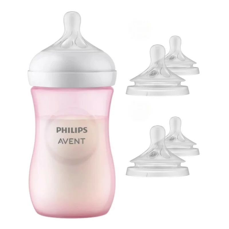 Set 1 x biberon, Philips Avent, Natural Response, 3-6 luni, Debit 3 (mediu) ,260 ml, Roz+ 4 x tetine cu debit 4 (rapid)