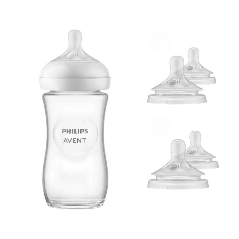 Set 1 x biberon anticolici, Philips Avent, Natural Response, Din sticla, 240 ml, 3-6 luni, Debit 3 (mediu), + 4 x tetine cu debit 4 (rapid)