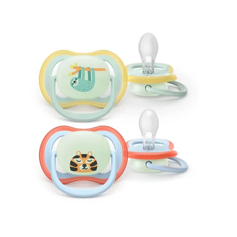 Set 2 suzete, Philips Avent, Colectia Ultra Air, Ortodontice, Fara BPA, Cu orificii mari de aerisire, Scade riscul de malocluzie, 0-6 luni, Pentru noapte, Fosforescente, Fistic/ Multicolor
