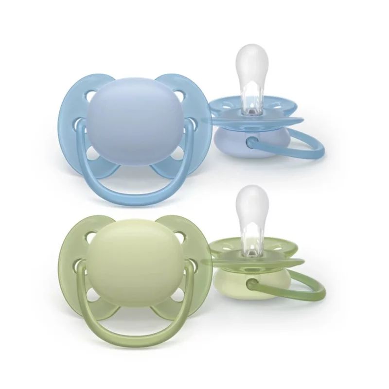 Set 2 suzete, Philips Avent, Colectia Ultra Soft , Ortodontice, Fara BPA, Cu disc flexibil, Pentru pielea sensibila a bebelusului, 0-6 luni, Albastru/Verde