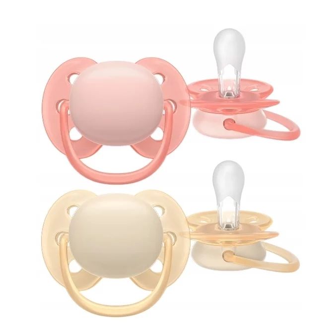 Set 2 suzete, Philips Avent, Colectia Ultra Soft , Ortodontice, Fara BPA, Cu disc flexibil, Pentru pielea sensibila a bebelusului, 0-6 luni, Galben/Roz