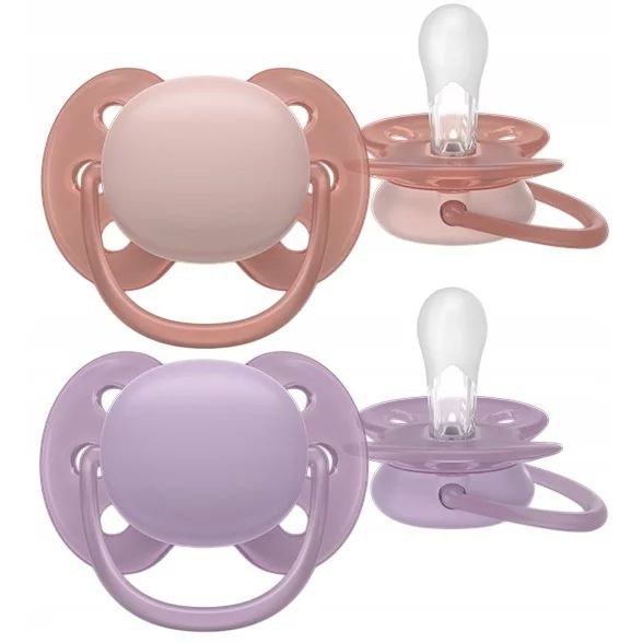 Set 2 suzete, Philips Avent, Colectia Ultra Soft , Ortodontice, Fara BPA, Cu disc flexibil, Pentru pielea sensibila a bebelusului, 6-18 luni, Roz/Mov