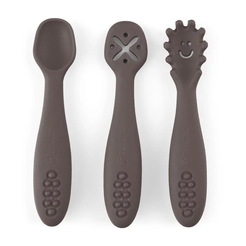 Set 3 lingurite, Petite&Mars, Take&Match, Din silicon, Diverse forme, Pentru supa, paste, alimente usoare, Dezvolta simturile si abilitatile senzoriale, Adecvate pentru masina de spalat vase, Fara BPA, 6 luni+, Bitter Cocoa, Maro