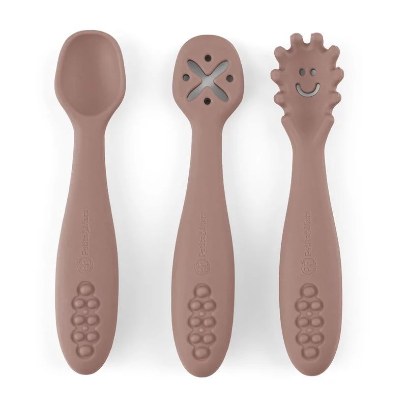 Set 3 lingurite, Petite&Mars, Take&Match, Din silicon, Diverse forme, Pentru supa, paste, alimente usoare, Dezvolta simturile si abilitatile senzoriale, Adecvate pentru masina de spalat vase, Fara BPA, 6 luni+, Velvet Latte, Maro