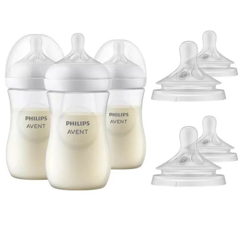 Set 3 x biberoane anticolici, Philips Avent, Natural Response, 260 ml, 3-6 luni cu debit 3 (mediu) + 4 x tetine cu debit 4 (rapid)