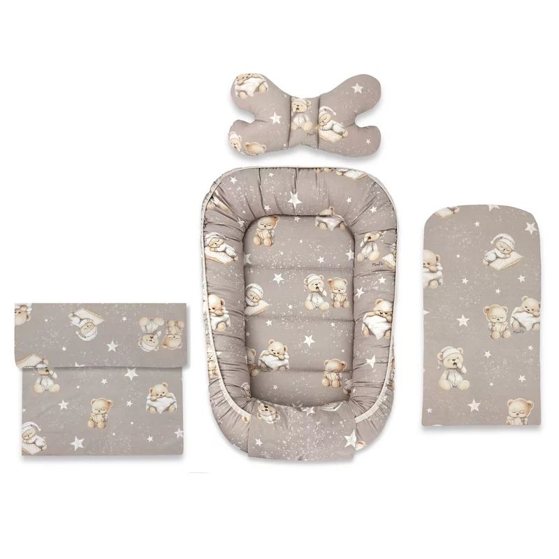 Set 4 in 1 Cosulet bebelus, MimiNu, Baby Cocoon 75x55 cm, Husa bumbac, Din bumbac certificat Oeko Tex Standard 100, Cu paturica 50x70 cm, Cu salteluta, Cu perna fluture, Bedtime story beige