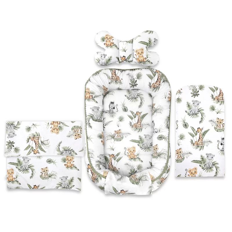 Set 4 in 1 Cosulet bebelus, Qmini, Baby Cocoon 75x55 cm, Din bumbac certificat Oeko Tex Standard 100, Cu paturica, Cu salteluta, Cu perna fluture, Safari