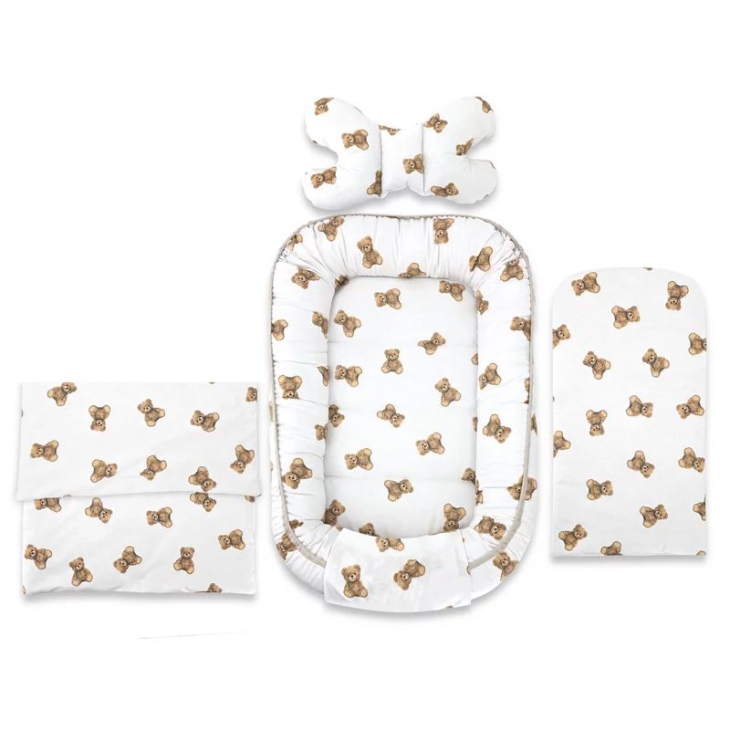 Set 4 in 1 Cosulet bebelus, Qmini, Baby Cocoon 75x55 cm, Din bumbac certificat Oeko Tex Standard 100, Cu paturica, Cu salteluta, Cu perna fluture, Teddy Toys