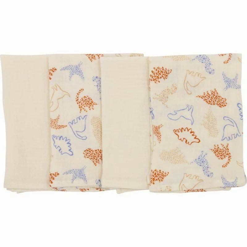 Set 4 lavete, Bubaba, Din muselina, Dimensiune 40x40 cm, Pentru spalarea si ingrijirea fetei si a corpului bebelusului dupa masa sau baita, Beige Animals