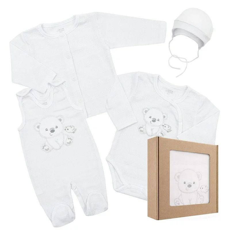 Set 4 piese, New Baby, Include bluza, body cu maneca lunga, salopeta fara maneci, caciulita, Marime 56, Din bumbac 100%, Sweet Bear White