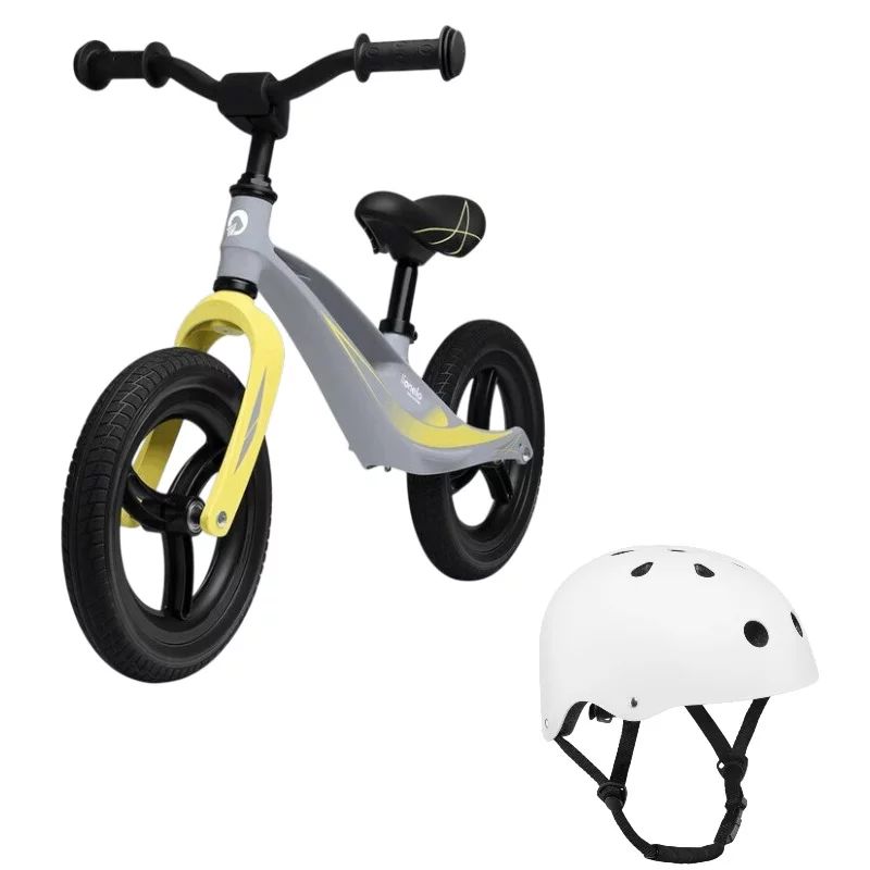 Bicicleta fara pedale, Lionelo, Bart Tour, Usoara, Cu cadru din magneziu, 3.3 Kg, 12 inch, Gri + Casca pentru copii, Reglabila 50-56 cm, Alb