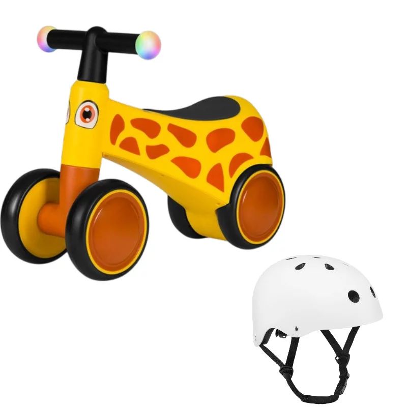 Bicicleta fara pedale, Lionelo, Sammy, Cu 4 roti, Din spuma EVA, Stabila, Manere moi, antiderapante, 12- 36 luni, Greutate maxima suportata 25 kg, Galben + Casca pentru copii, Reglabila 50-56 cm, Alb