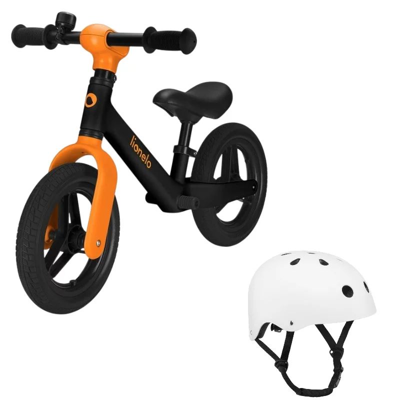 Bicicleta fara pedale, Lionelo, Toni, Cu ghidon si sa reglabile, Ultra usoara, 2.8 Kg, 18 luni+, Sustine 30 kg, Portocaliu + Casca pentru copii, Reglabila 50-56 cm, Alb