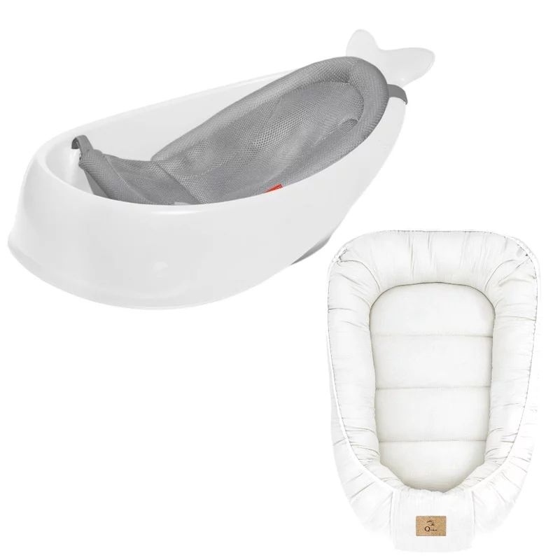 Set Cadita inteligenta, Skip Hop, Pentru 3 etape de crestere, Alb si cosulet bebelus, Qmini, 55 x 75 cm, Husa 100% muselina dubla, Cream