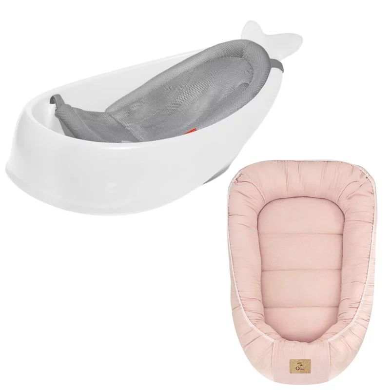Set Cadita inteligenta, Skip Hop, Pentru 3 etape de crestere, Alb si cosulet bebelus, Qmini, 55 x 75 cm, Husa 100% muselina dubla, Pink