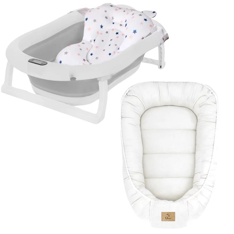Set cadita pliabila Genua Premium, cu termometru, dop si suport anatomic, Gri si cosulet bebelus, Qmini, 55 x 75 cm, Husa 100% muselina dubla, Cream
