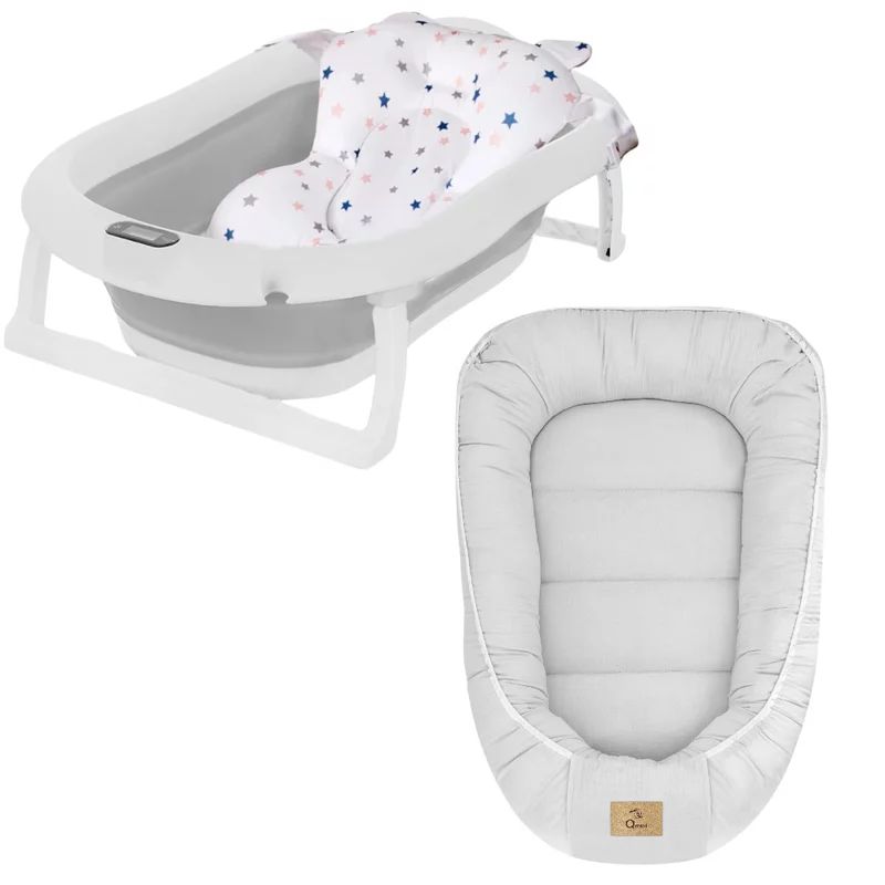 Set cadita pliabila Genua Premium, cu termometru, dop si suport anatomic, Gri si cosulet bebelus, Qmini, 55 x 75 cm, Husa 100% muselina dubla, Grey