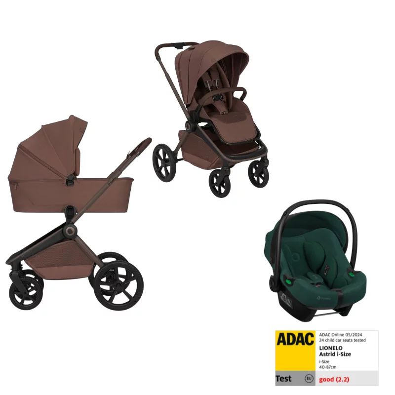 Set Carucior 3 in 1, Lionelo, Freya Brown Chocolate + Scoica testata ADAC i-Size Astrid, Green