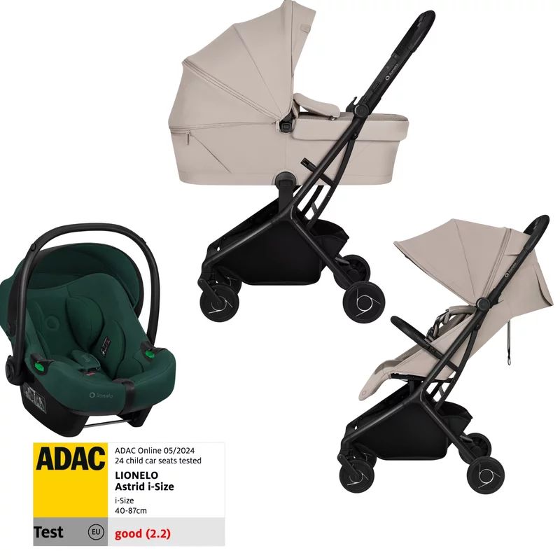 Set Carucior 3 in 1, Lionelo, Sia Flex, Include landou pliabil pe cadru, 0-48 luni, Sustine 22 kg, Cu scoica auto testata ADAC, Beige Sand/Green