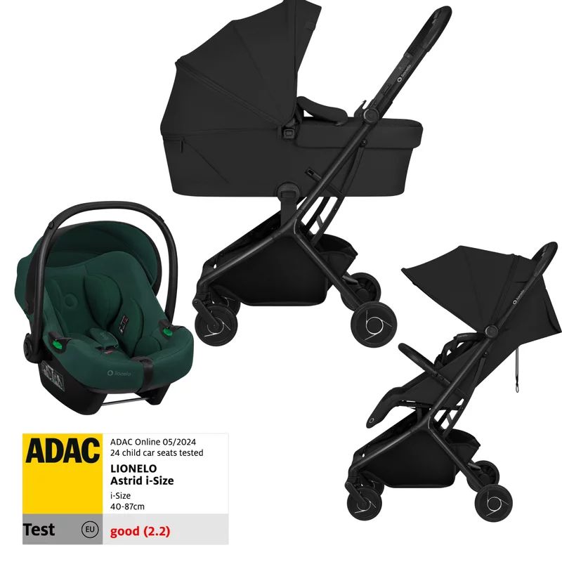 Set Carucior 3 in 1, Lionelo, Sia Flex, Include landou pliabil pe cadru, 0-48 luni, Sustine 22 kg, Cu scoica auto testata ADAC, Black Onyx/Green