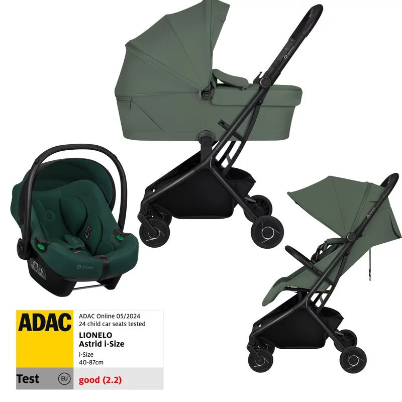 Set Carucior 3 in 1, Lionelo, Sia Flex, Include landou pliabil pe cadru, 0-48 luni, Sustine 22 kg, Cu scoica auto testata ADAC, Green Emerald/Green