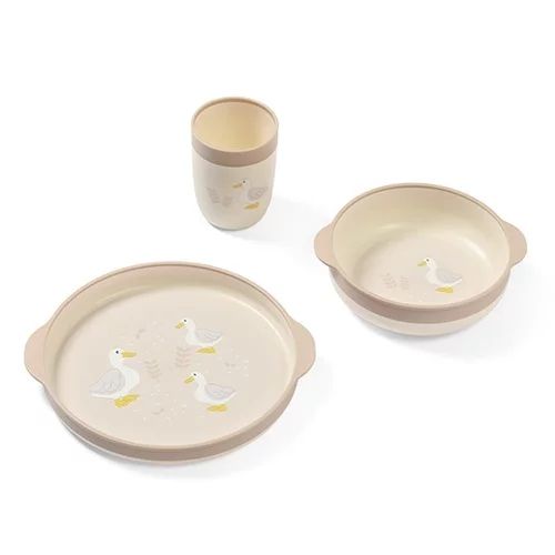 Set de hranire, BabyOno, Farmer, Contine farfurie, bol, canuta, Forme ergonomice, Baze antiderapanate, Polipropilena+ TPE, Fara BPA, 12 luni+, Bej