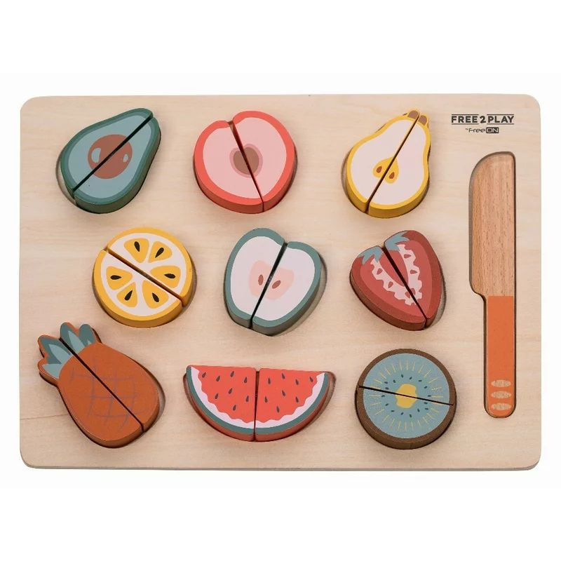 Set fructe feliate, Free2Play, Cu inchidere velcro, Din lemn, 20 piese, Multicolor