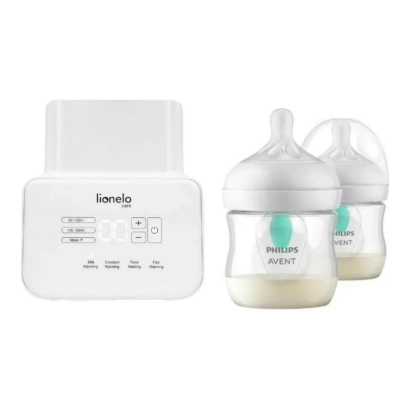 Set incalzitor biberoane dublu, Lionelo, ThermUp Double, multifunctional + 2x biberoane, Philips Avent, Cu supapa AirFree, 0 luni+, 125 ml, Alb