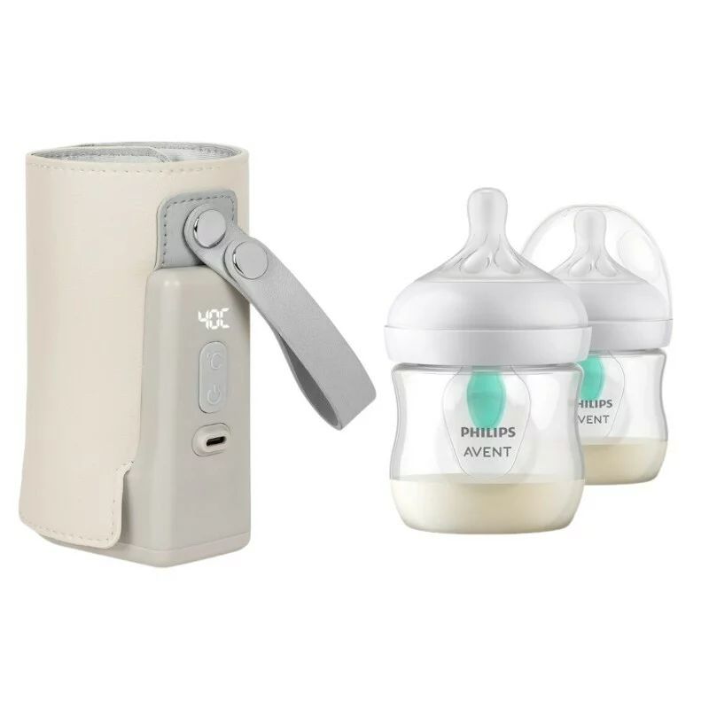 Set incalzitor biberoane, Lionelo, ThermUp Go Plus, portabil, USB, Bej + 2x biberoane, Philips Avent, Cu supapa AirFree, 0 luni+, 125 ml, Alb