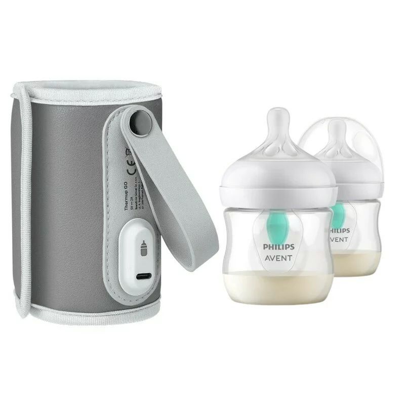 Set incalzitor biberoane, Lionelo, ThermUp Go, portabil, USB, Gri + 2x biberoane, Philips Avent, Cu supapa AirFree, 0 luni+, 125 ml, Alb