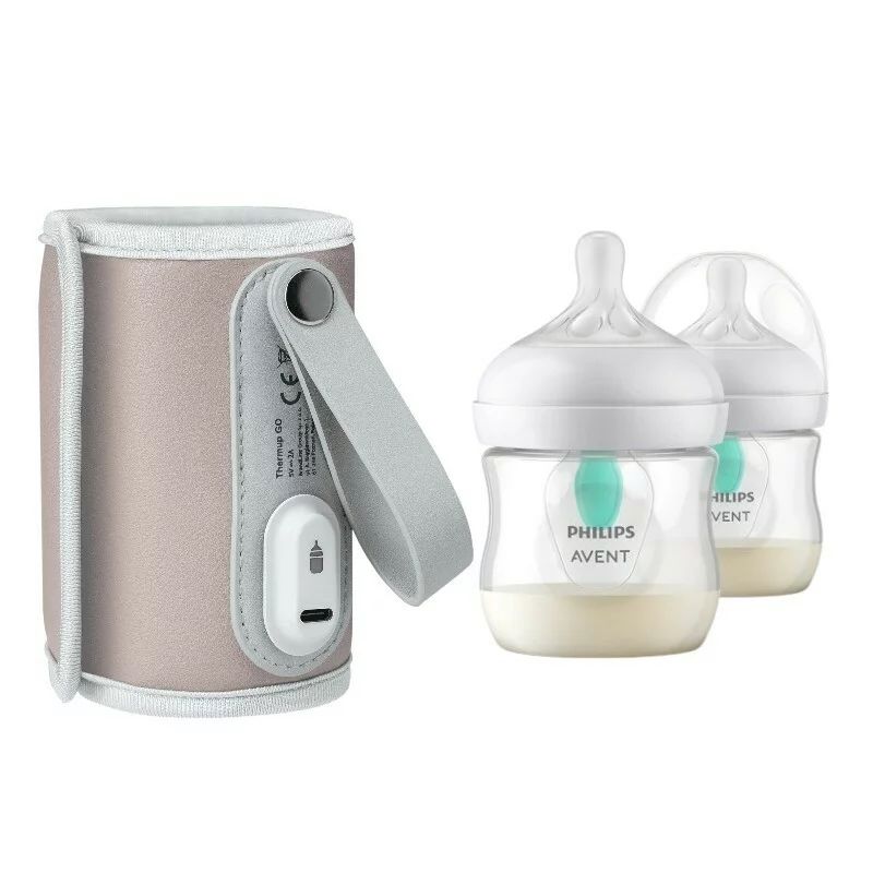 Set incalzitor biberoane, Lionelo, ThermUp Go, portabil, USB, Roz + 2x biberoane, Philips Avent, Cu supapa AirFree, 0 luni+, 125 ml, Alb