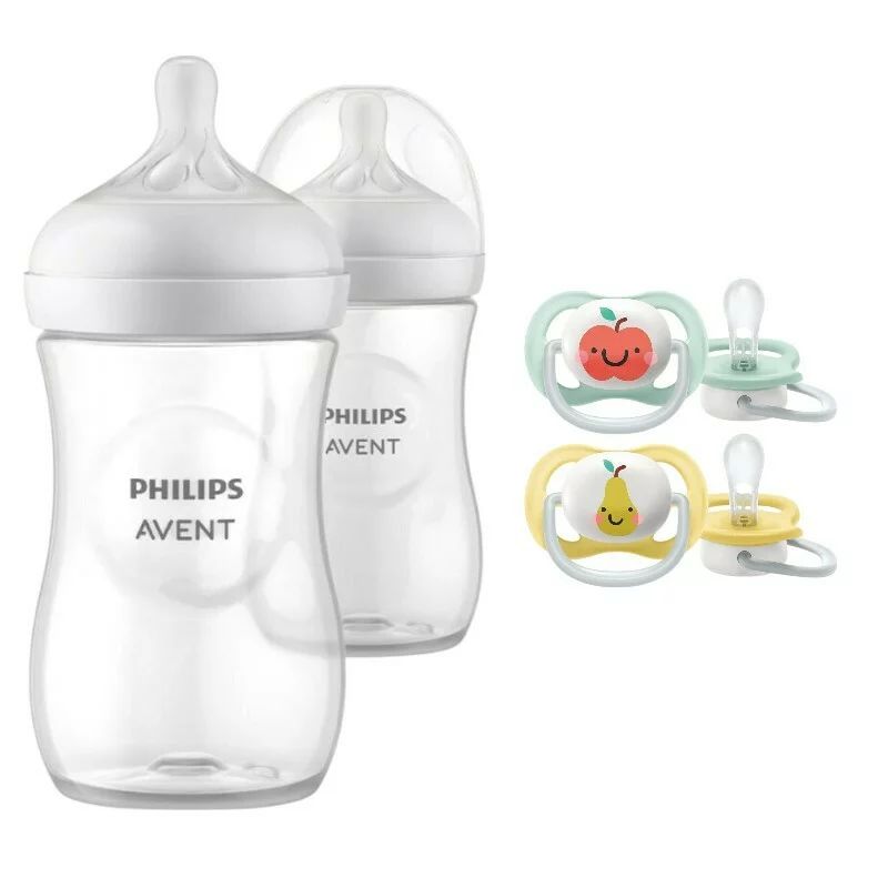 Set ingrijire Philips Avent: Biberon anticolici, Natural Response, 260 ml, 3-6 luni, Debit 3 (mediu), 2 buc + Suzete Ultra air, 2 buc, 0-6 luni, Din silicon, Verde/Galben