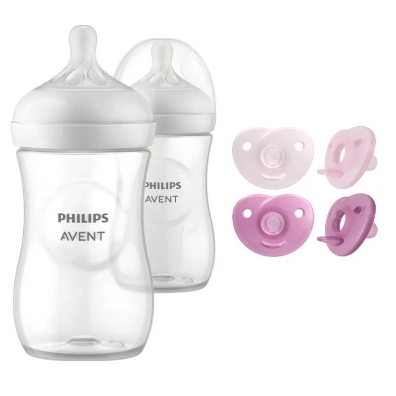 Set ingrijire Philips Avent: Biberon anticolici, Natural Response, 260 ml, 3-6 luni, Debit 3 (mediu), 2 buc + Suzete Soothie, 2 buc, 0-6 luni, Din silicon, Roz