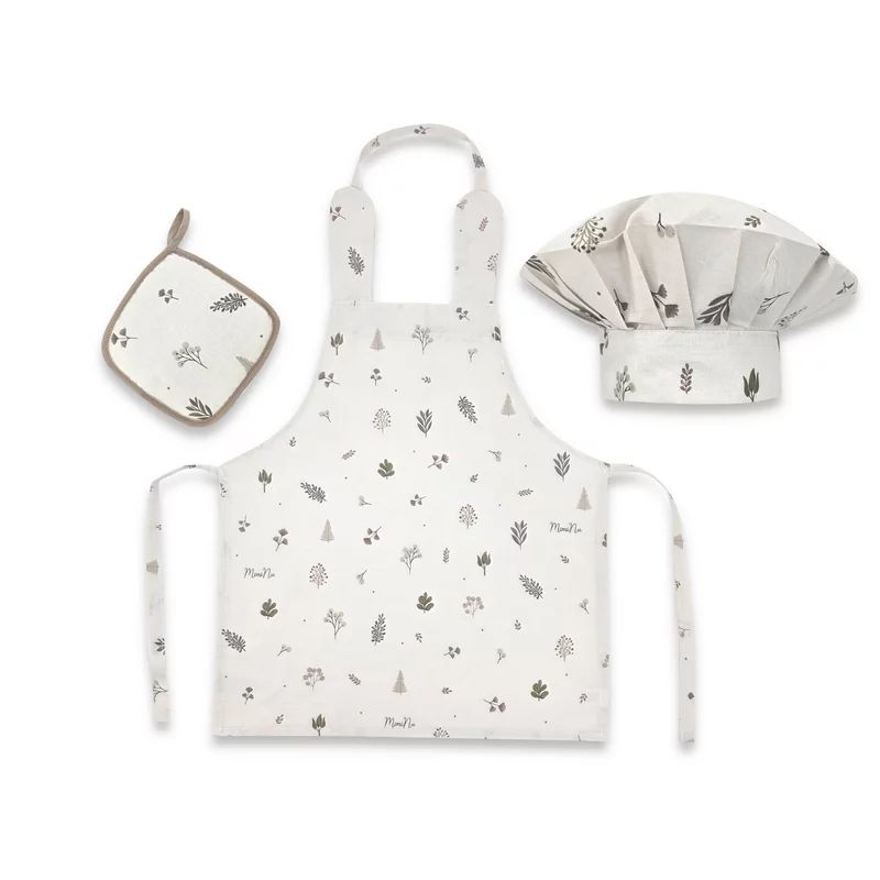Set Micutul bucatar, MimiNu, Cu sort, o boneta si accesoriu pentru vase calde, Din bumbac certificat Oeko Tex Standard 100, Leaves
