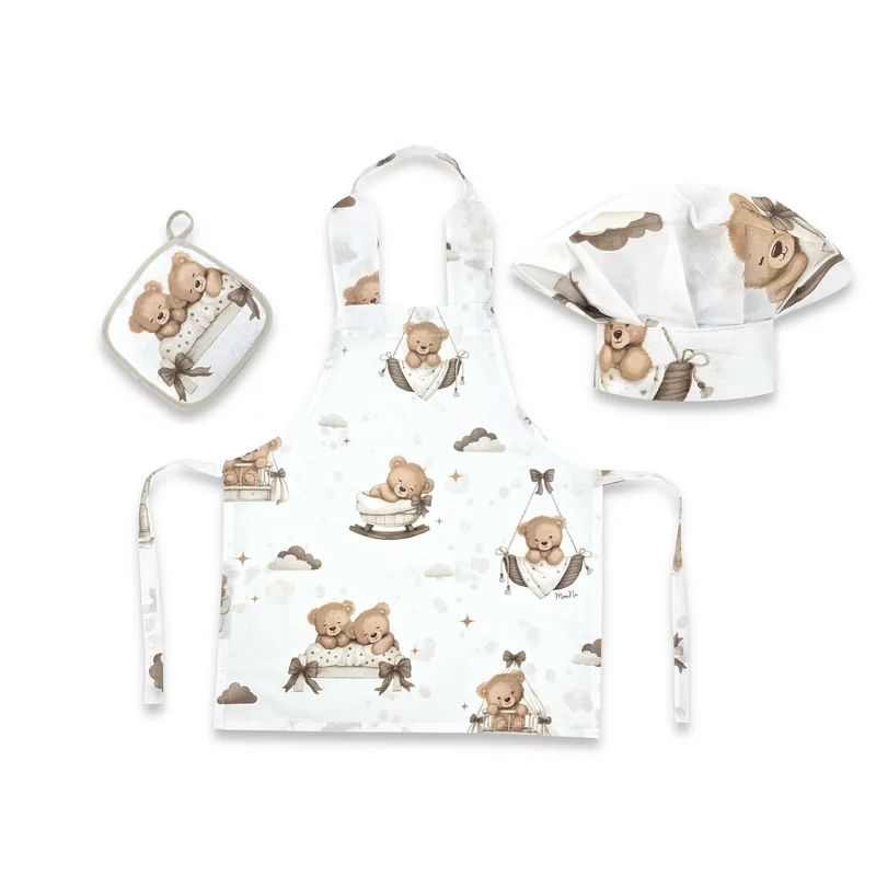 Set Micutul bucatar, MimiNu, Cu sort, o boneta si accesoriu pentru vase calde, Din bumbac certificat Oeko Tex Standard 100, Tedy bear dreams beige