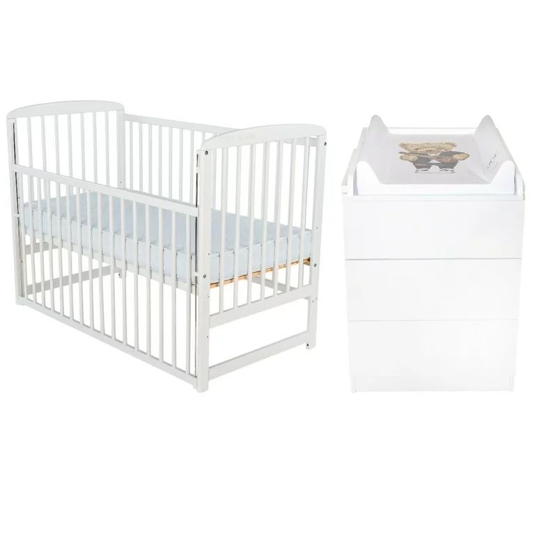 Set mobilier pentru copii, BabyNeeds: Patut din lemn de pin, cu laterala culisanta si somiera reglabila in 3 trepte, Ola, 120x60 cm + Saltea cocos-burete-cocos, 10 cm + Comoda cu masuta de infasat, Alb