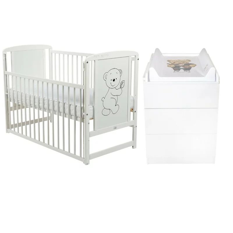 Set mobilier pentru copii, BabyNeeds: Patut din lemn de pin, cu laterala culisanta si somiera reglabila in 3 trepte, Timmi, 120x60 cm + Saltea cocos-burete-cocos, 10 cm + Comoda cu masuta de infasat, Alb