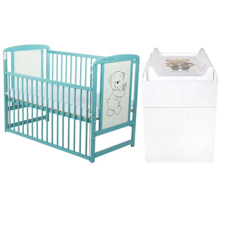 Set mobilier pentru copii, BabyNeeds: Patut din lemn de pin, cu laterala culisanta si somiera reglabila in 3 trepte, Timmi, 120x60 cm + Saltea cocos-burete-cocos, 10 cm + Comoda cu masuta de infasat, Alb/Mint