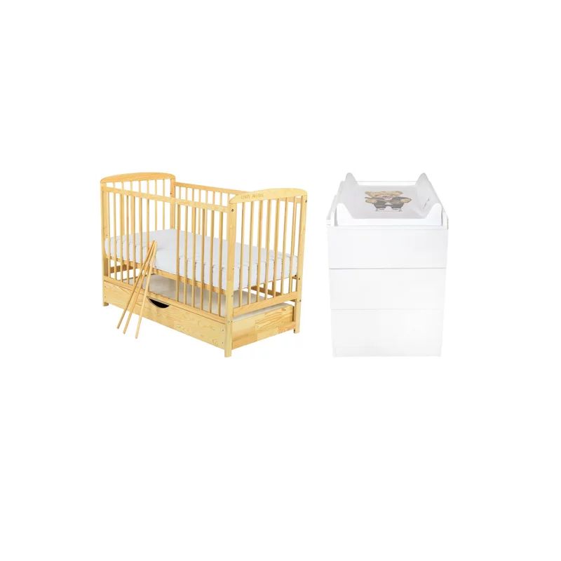 Set mobilier pentru copii, BabyNeeds: Patut din lemn de pin, cu sertar cu capac si somiera reglabila in 3 trepte, Ola, 120x60 cm + Saltea cocos-burete-cocos, 12 cm + Comoda cu masuta de infasat, Alb/Natur