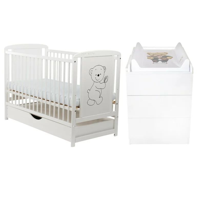 Set mobilier pentru copii, BabyNeeds: Patut din lemn de pin, cu sertar cu capac si somiera reglabila in 3 trepte, Timmi, 120x60 cm + Saltea cocos-burete-cocos, 10 cm + Comoda cu masuta de infasat, Alb