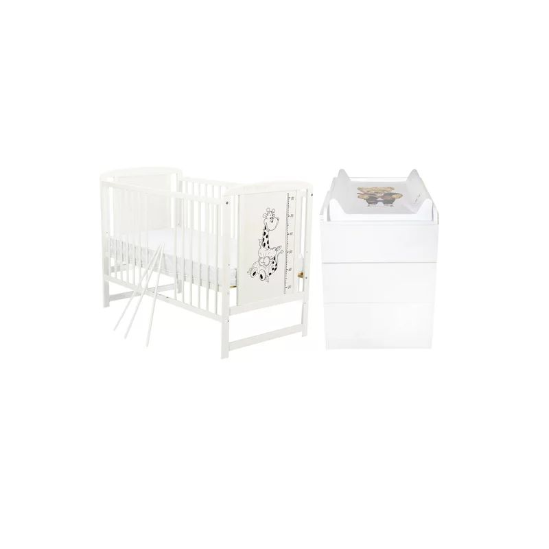 Set mobilier pentru copii, BabyNeeds: Patut din lemn de pin, cu somiera reglabila in 3 trepte, Timmi Girafa, 120x60 cm + Saltea cocos-burete 10 cm + Comoda cu masa de infasat, Alb
