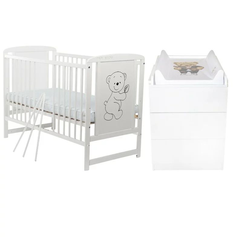 Set mobilier pentru copii, BabyNeeds: Patut din lemn de pin si MDF, cu somiera reglabila in 3 trepte, Timmi, 120x60 cm + Saltea cocos-burete-cocos, 10 cm + Comoda cu masuta de infasat, Alb