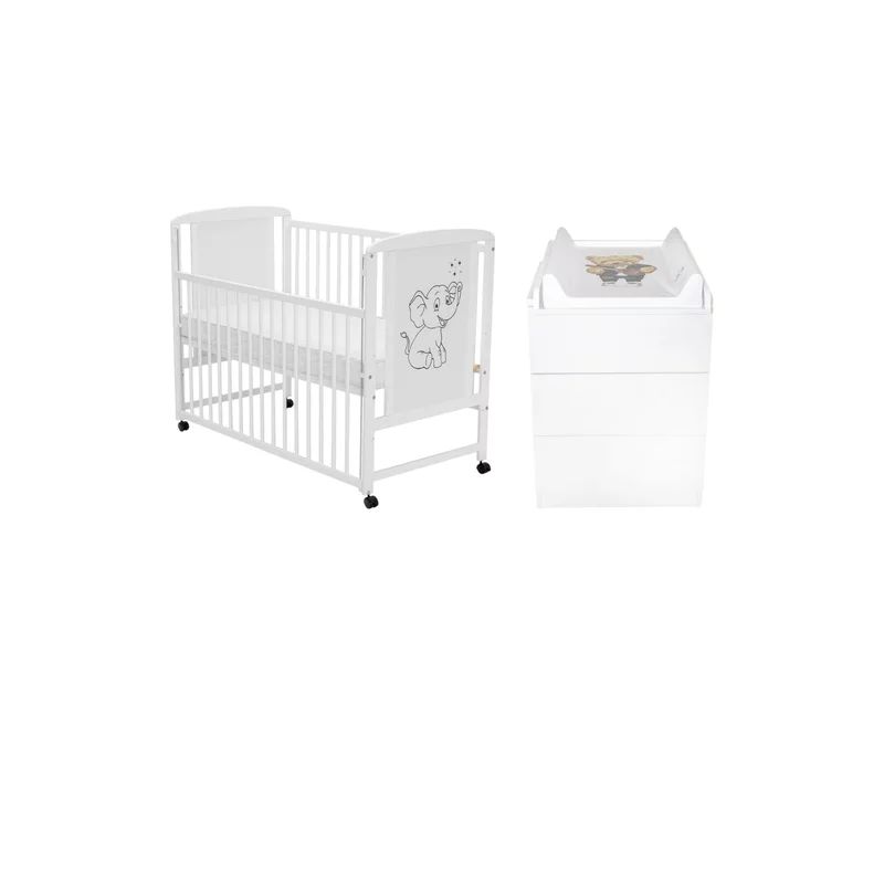 Set mobilier pentru copii, Qmini: Patut din lemn de pin cu roti, cu laterala culisanta si somiera reglabila in 3 trepte, Timmi Elefant, 120x60 cm + Saltea cocos-burete-cocos, 10 cm + Comoda cu masuta de infasat, Alb