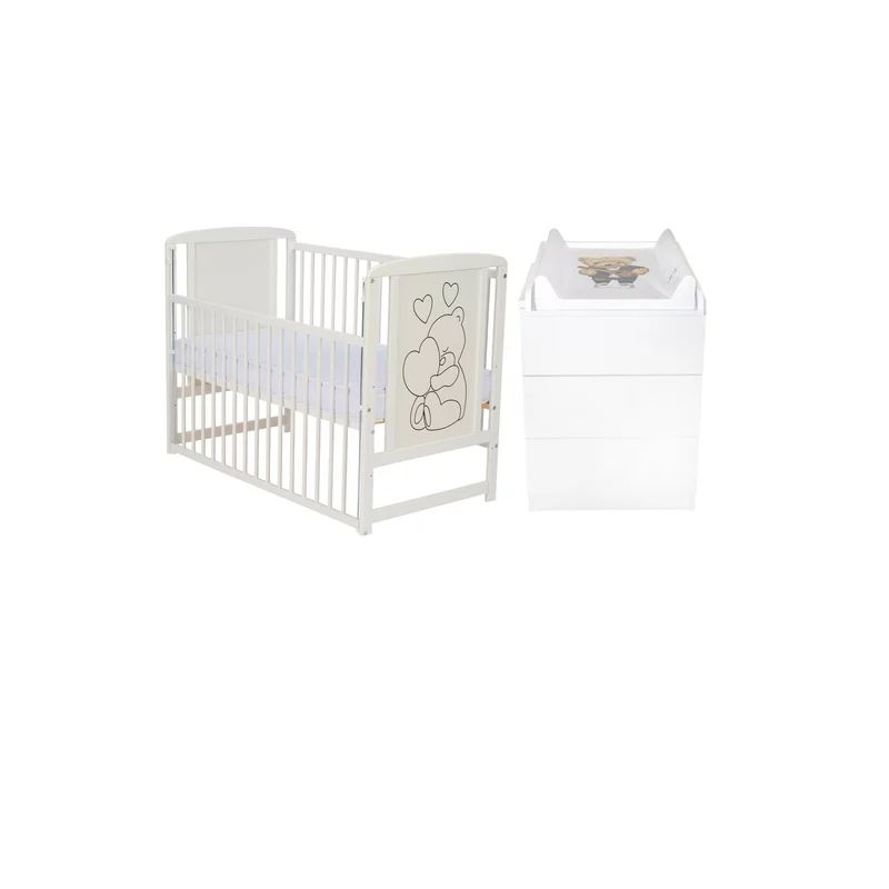 Set mobilier pentru copii, Qmini: Patut din lemn de pin cu roti, cu laterala culisanta si somiera reglabila in 3 trepte, Timmi Heart, 120x60 cm + Saltea cocos-burete-cocos, 10 cm + Comoda cu masuta de infasat, Alb