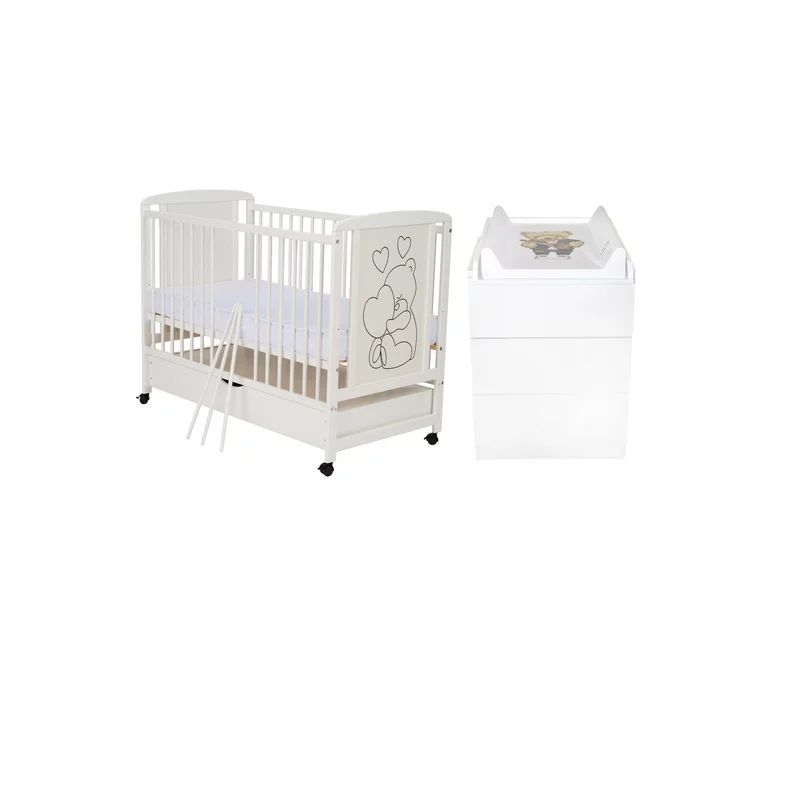 Set mobilier pentru copii, Qmini: Patut din lemn de pin si MDF cu roti, cu sertar cu capac si somiera reglabila in 3 trepte, Timmi Heart, 120x60 cm + Saltea cocos-burete-cocos, 12 cm + Comoda cu masuta de infasat, Alb