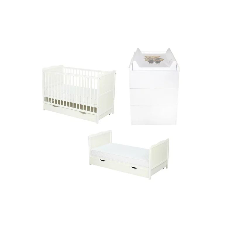 Set mobilier pentru copii, Qmini: Patut multifunctional din lemn de pin, cu sertar si somiera reglabila in 3 trepte, Julia, cu protectie dentitie, 120x60 cm + Saltea cocos-burete 10 cm + Comoda Qmini cu masa infasat, Alb