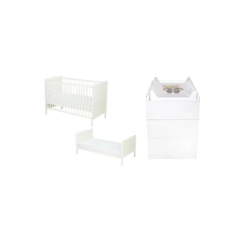 Set mobilier pentru copii, Qmini: Patut multifunctional din lemn de pin, cu somiera reglabila in 3 trepte si cu protectie pentru dentitie, Julia, 120x60 cm + Saltea cocos-burete 12 cm + Comoda cu masa infasat, Alb