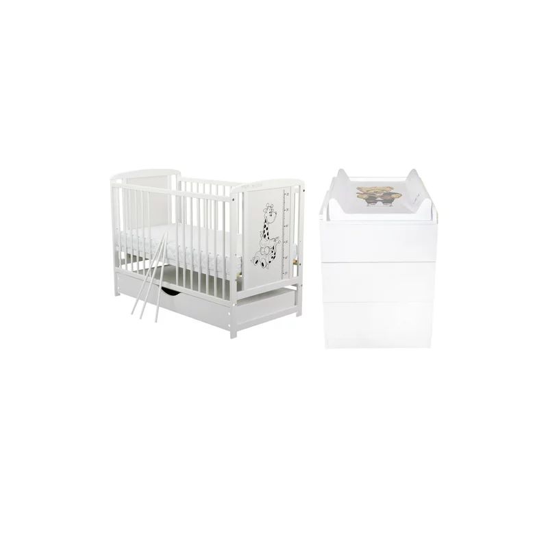 Set mobilier pentru copii, BabyNeeds: Patut cu sertar Timmi Girafa, 120x60 cm + Saltea 10 cm + Comoda cu masuta de infasat
