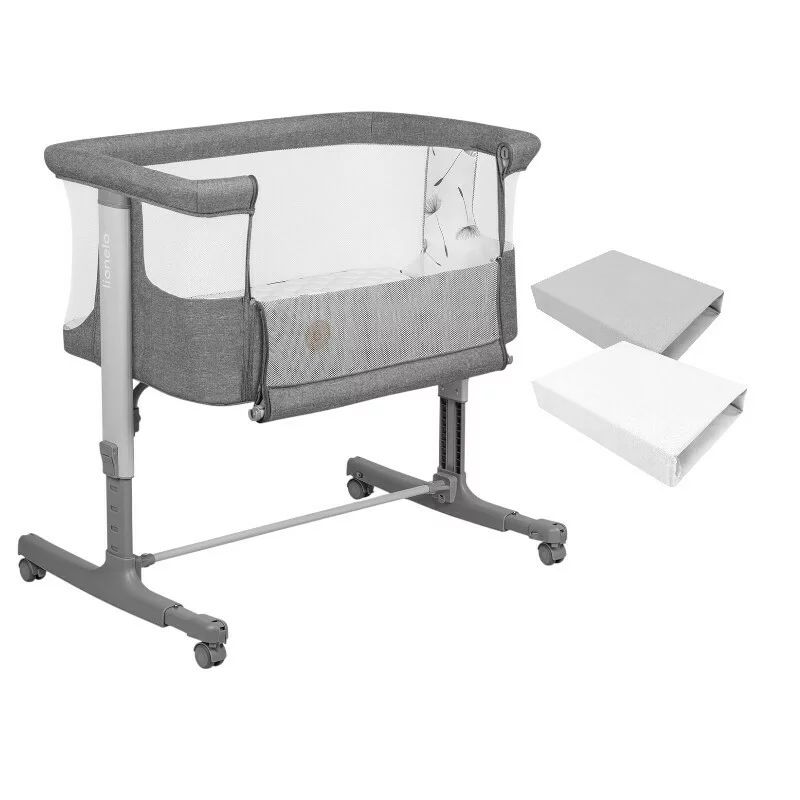 Set patut co-sleeper, Lionelo, Aurora, cu leganare si setare unghiulara, 3 in 1, 85x60x66 cm, Gri + 2 cearceafuri cu elastic, Qmini, din bumbac certificat Oeko Tex, Alb & Gri